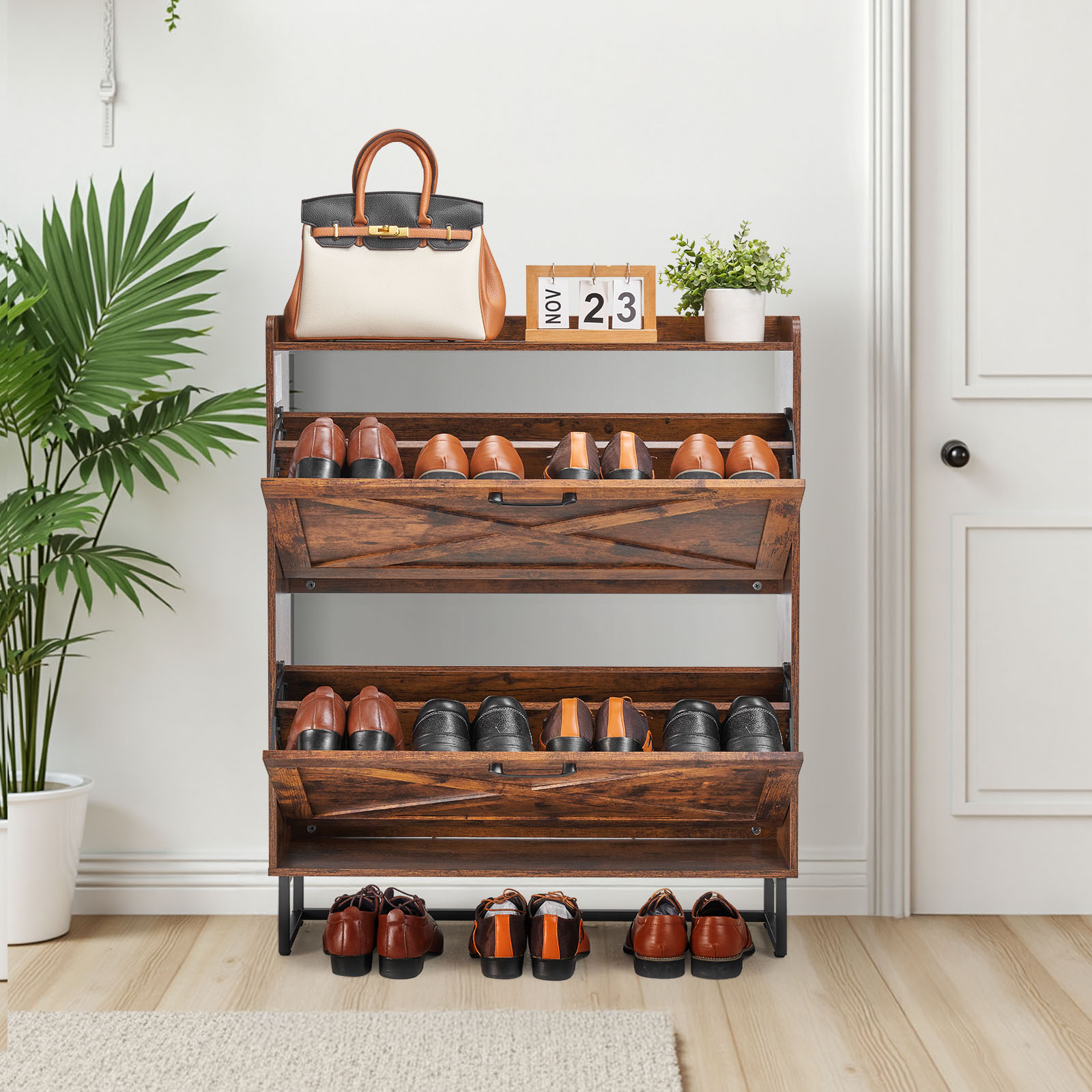 Shoe Cabinet With 2 Flip Drawers, Farmhouse Shoes Storage Cabinet With Metal Legs And Anti-Tipping Device, Freestanding Shoe Organizer Ideal For Entryway, Hallway, Bedroom, Living Room, Brown_voghion.com